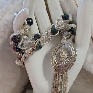 Vintage Western Bolo Tie Silver Cord Silver Tone Concho Beaded Necklace